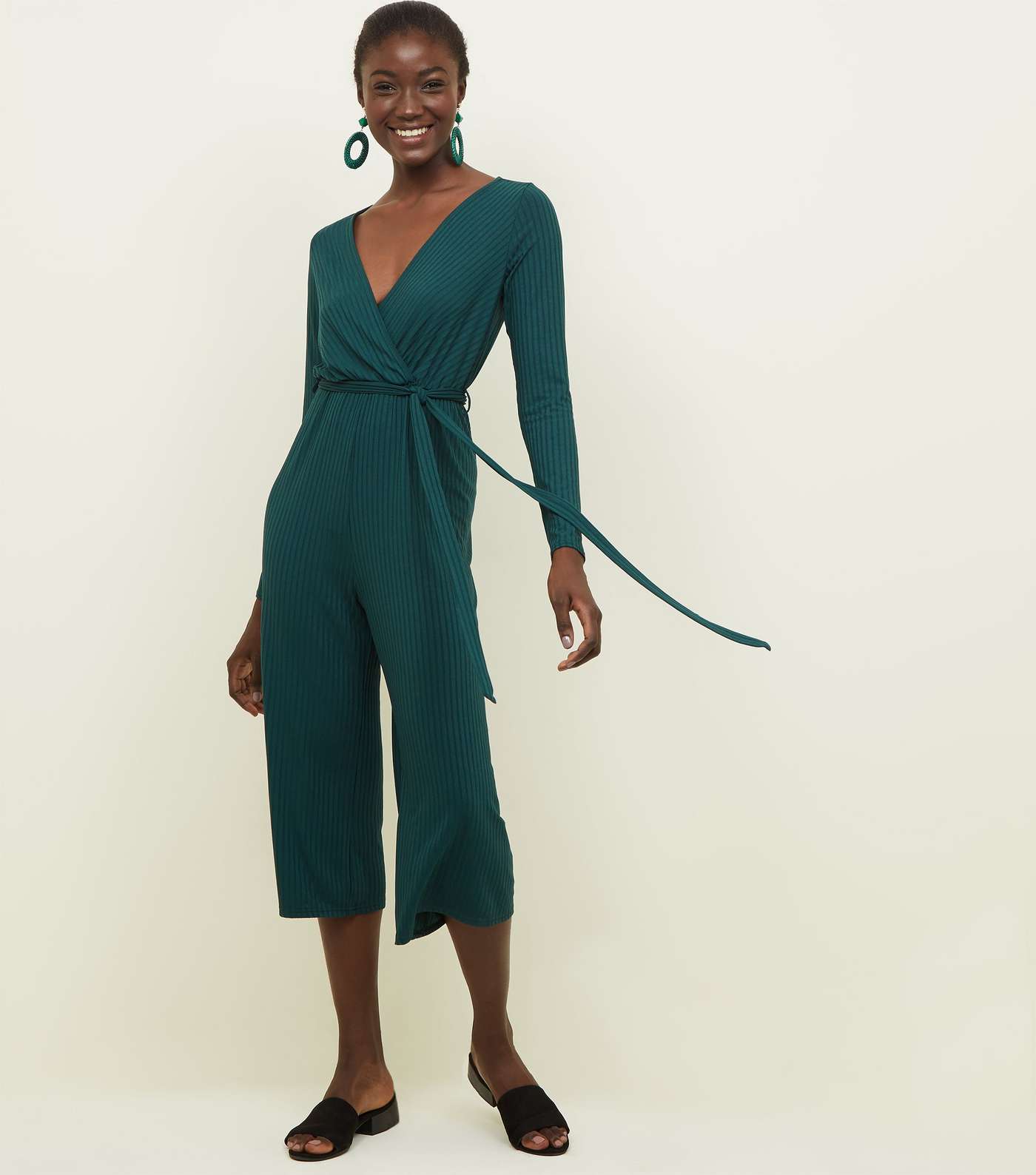 Dark Green Ribbed Long Sleeve Wrap Front Jumpsuit Image 2
