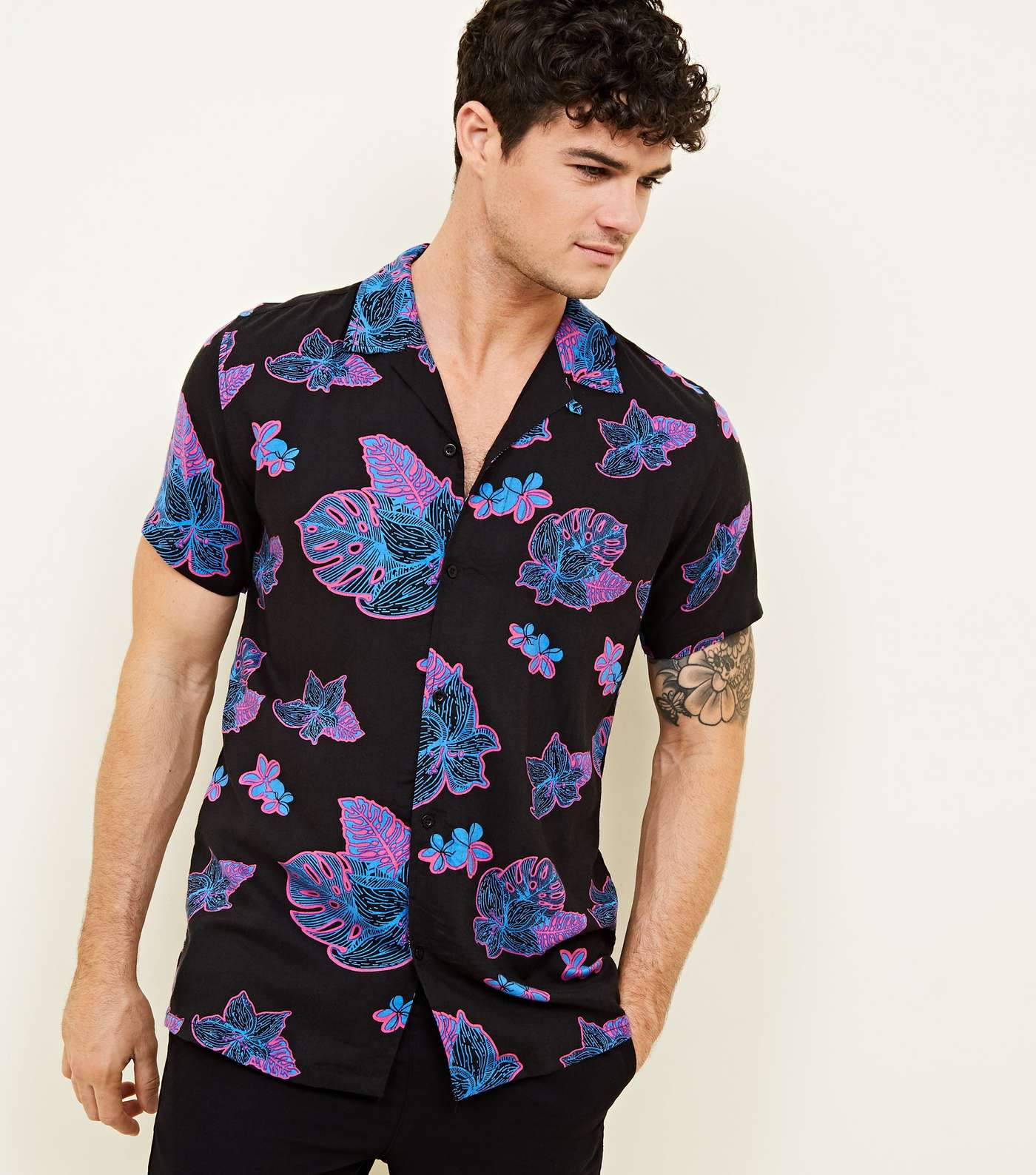 Black Neon Tropical Short Sleeve Shirt