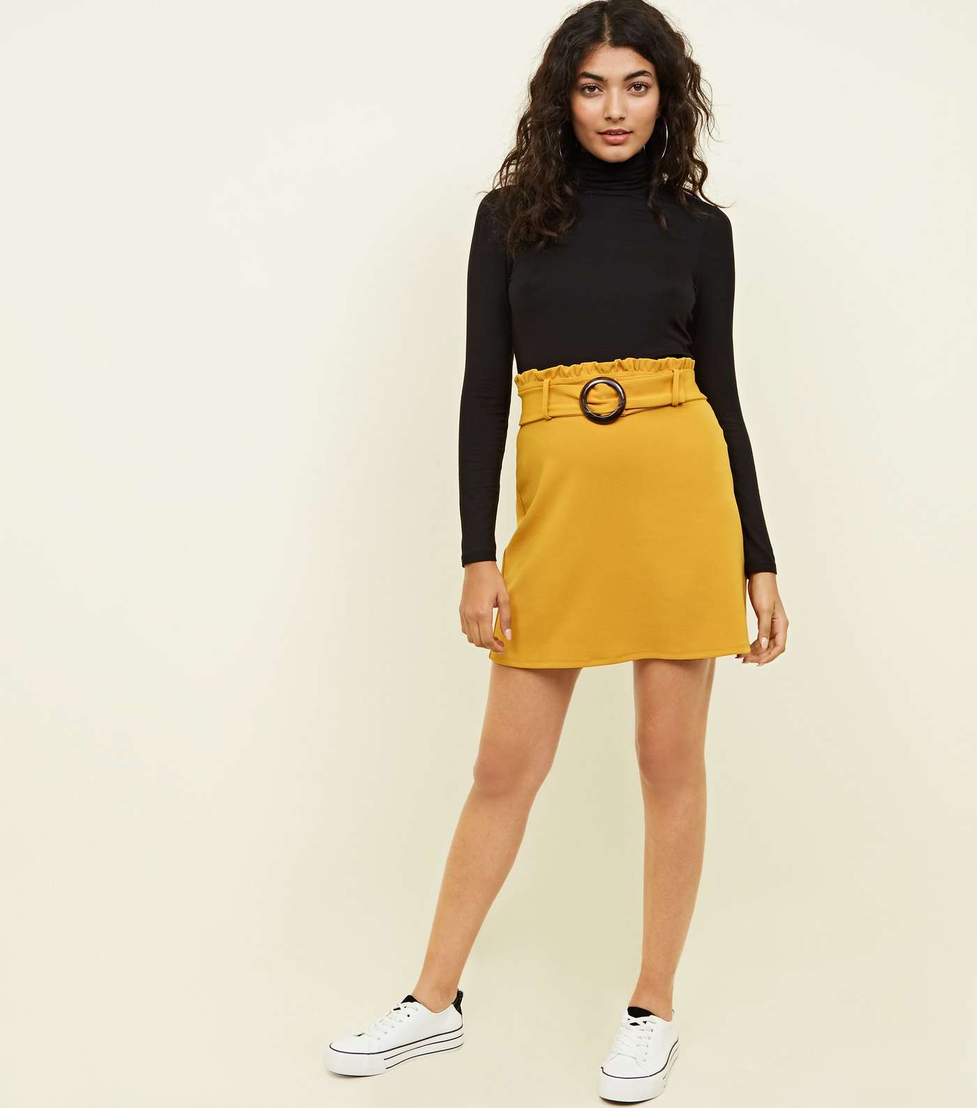 Yellow Faux Horn Buckle Paperbag Waist Skirt Image 2