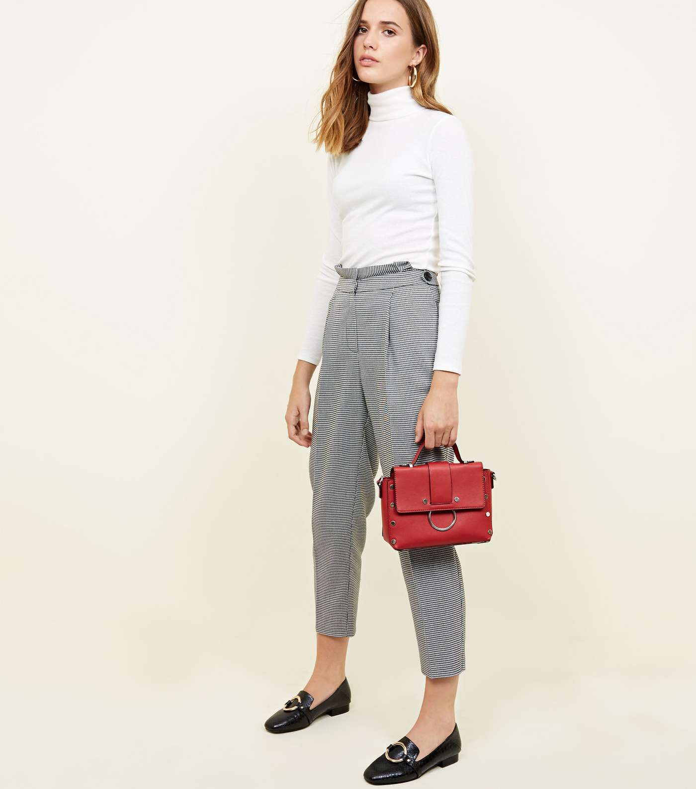Black Houndstooth Side Tab Cropped Trousers