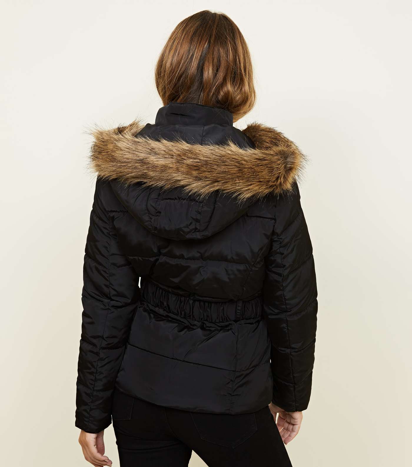Petite Black Faux Fur Hooded Belted Puffer Jacket  Image 3