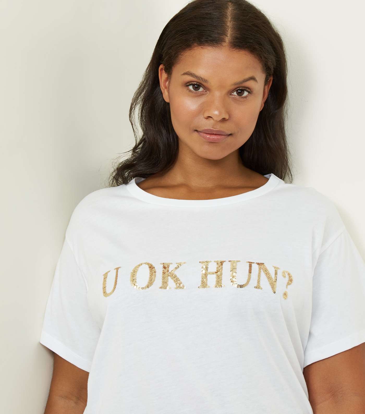 Curves White U Ok Hun Sequin Slogan T-Shirt Image 5