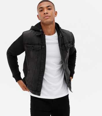Black Jersey Sleeve Hooded Dark Wash Denim Jacket