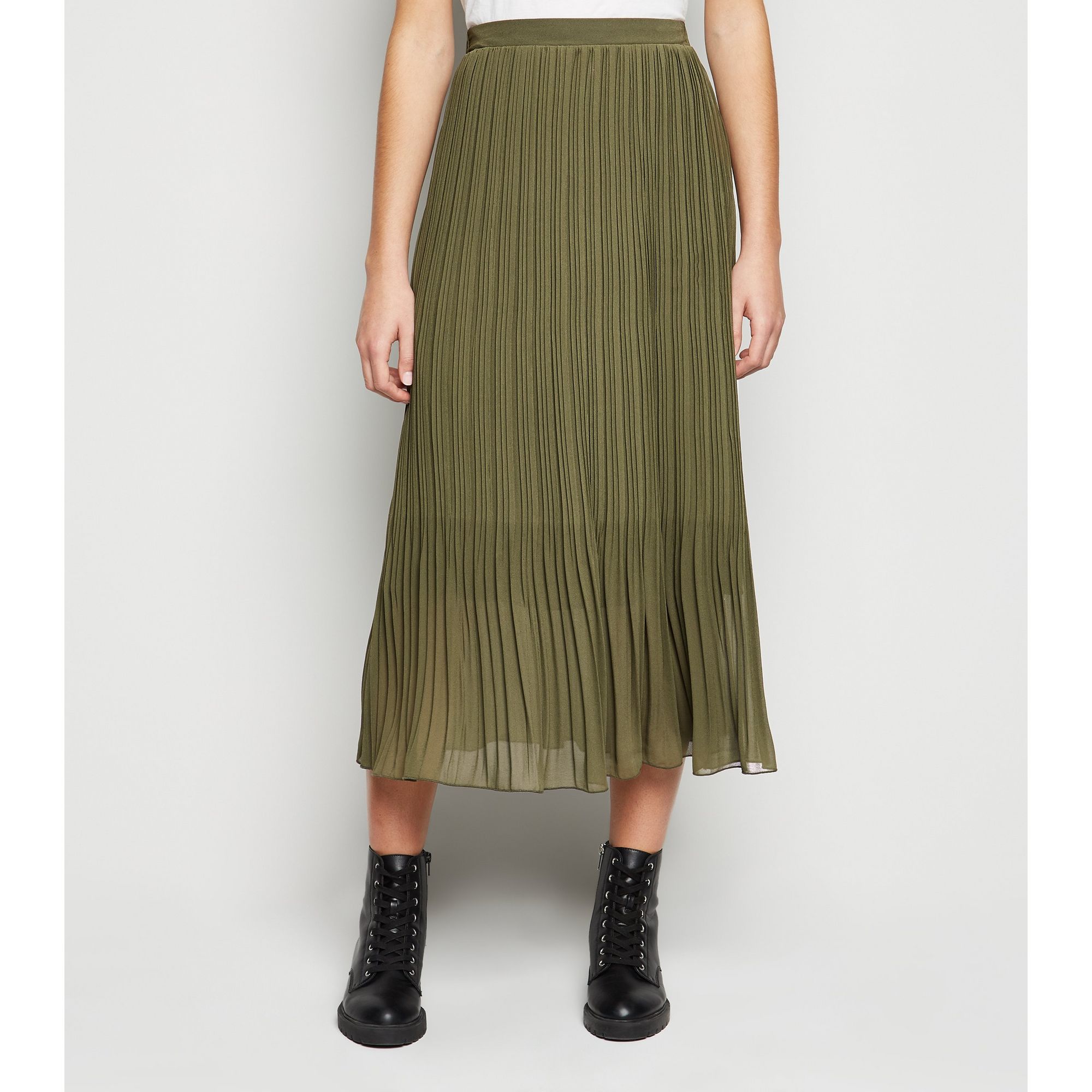 New Look Khaki Chiffon Pleated Midi Skirt