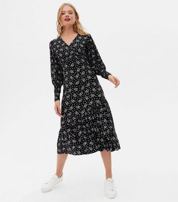 Blue Vanilla Black Ditsy Floral Midi Wrap Dress New Look