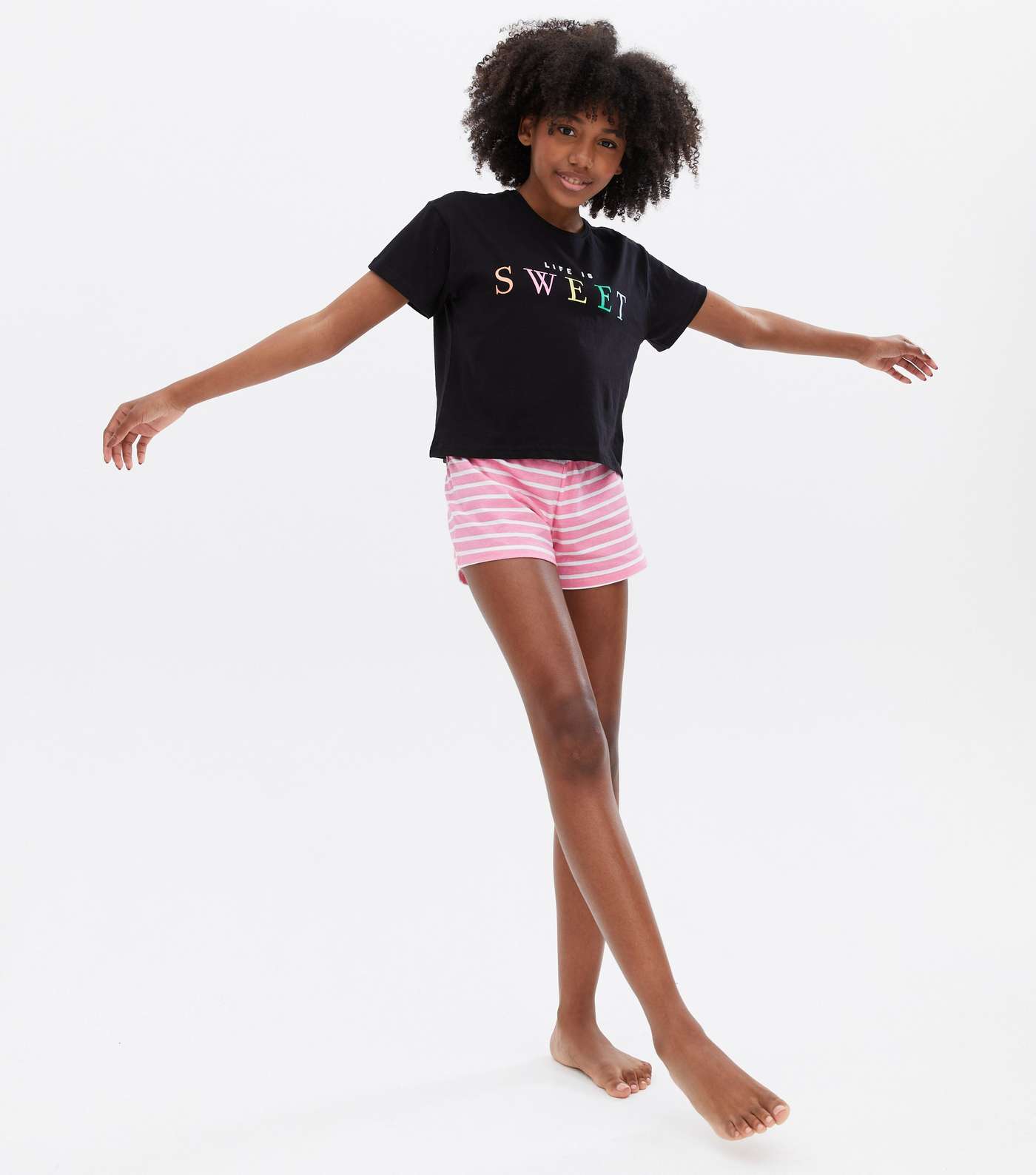 Girls Black Stripe Short Pyjama Set with Sweet Logo Image 2