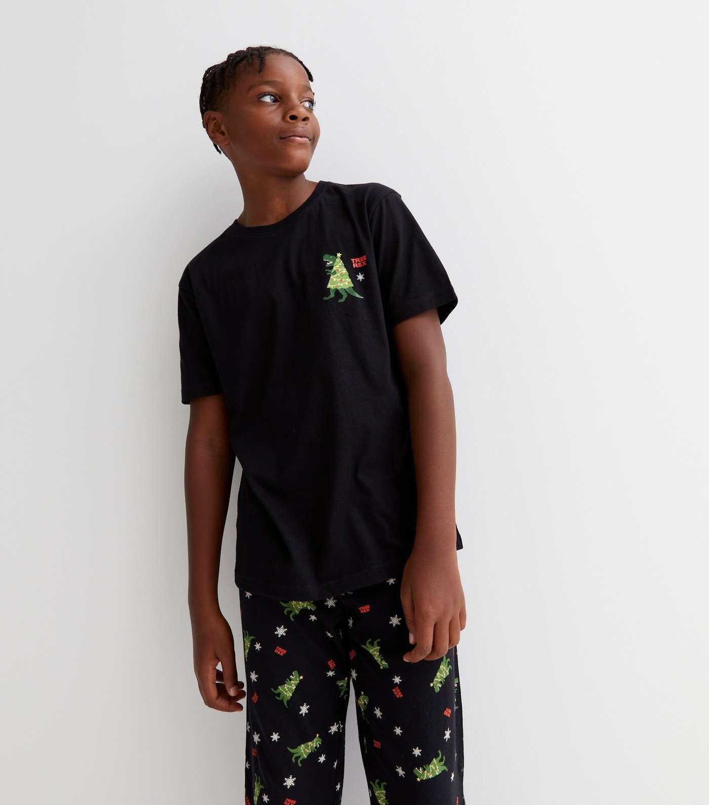 Boys Black Jogger Pyjama Set with Christmas Dinosaur Print Image 2