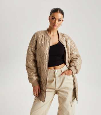 Urban Bliss Camel Quilted Long Bomber Jacket