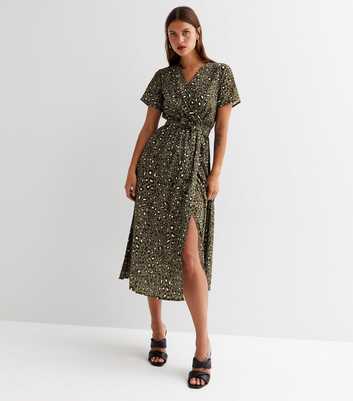 Gini London Olive Leopard Print Midi Wrap Dress