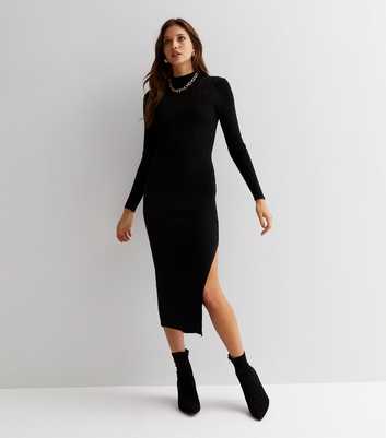 Gini London Black Ribbed Knit High Neck Long Sleeve Midi Bodycon Dress