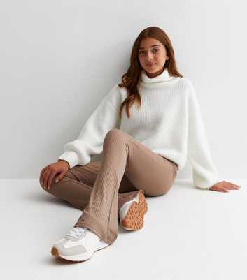 Girls Light Brown Ribbed High Waist Flared Trousers