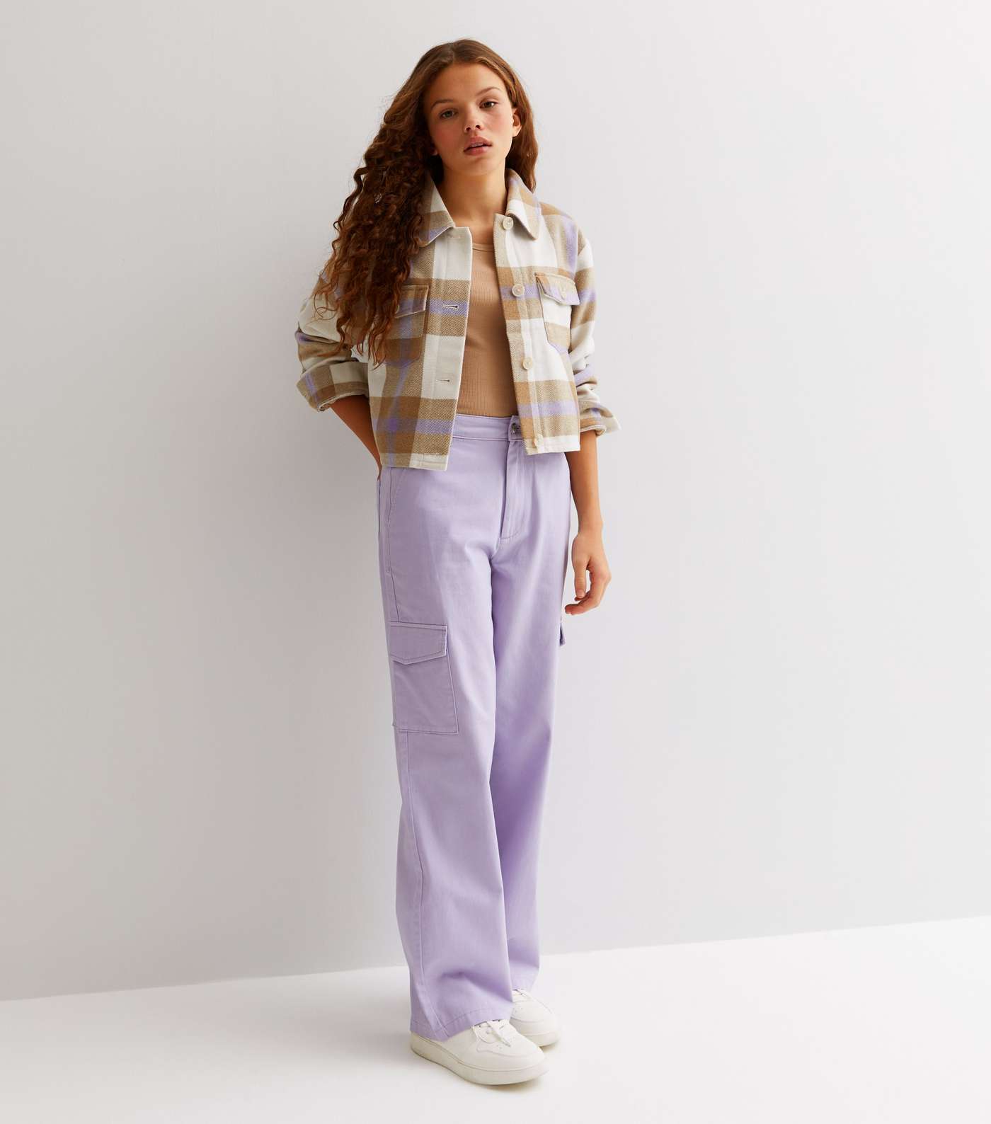 Girls Lilac Mid Rise Wide Leg Cargo Trousers
