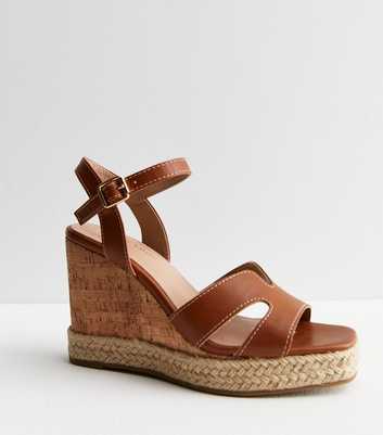 Tan Leather-Look Espadrille Trim Wedge Heel Sandals