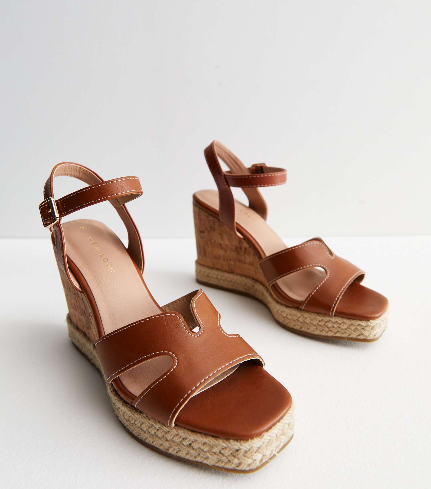 Tan Leather-Look Espadrille Trim Wedge Heel Sandals Image 3