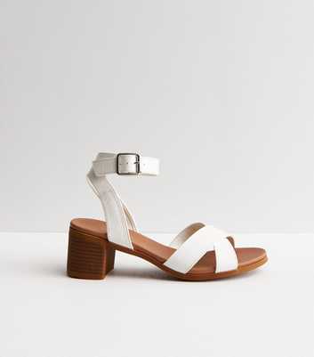 White Leather-Look Cross Strap Mid Block Heel Sandals