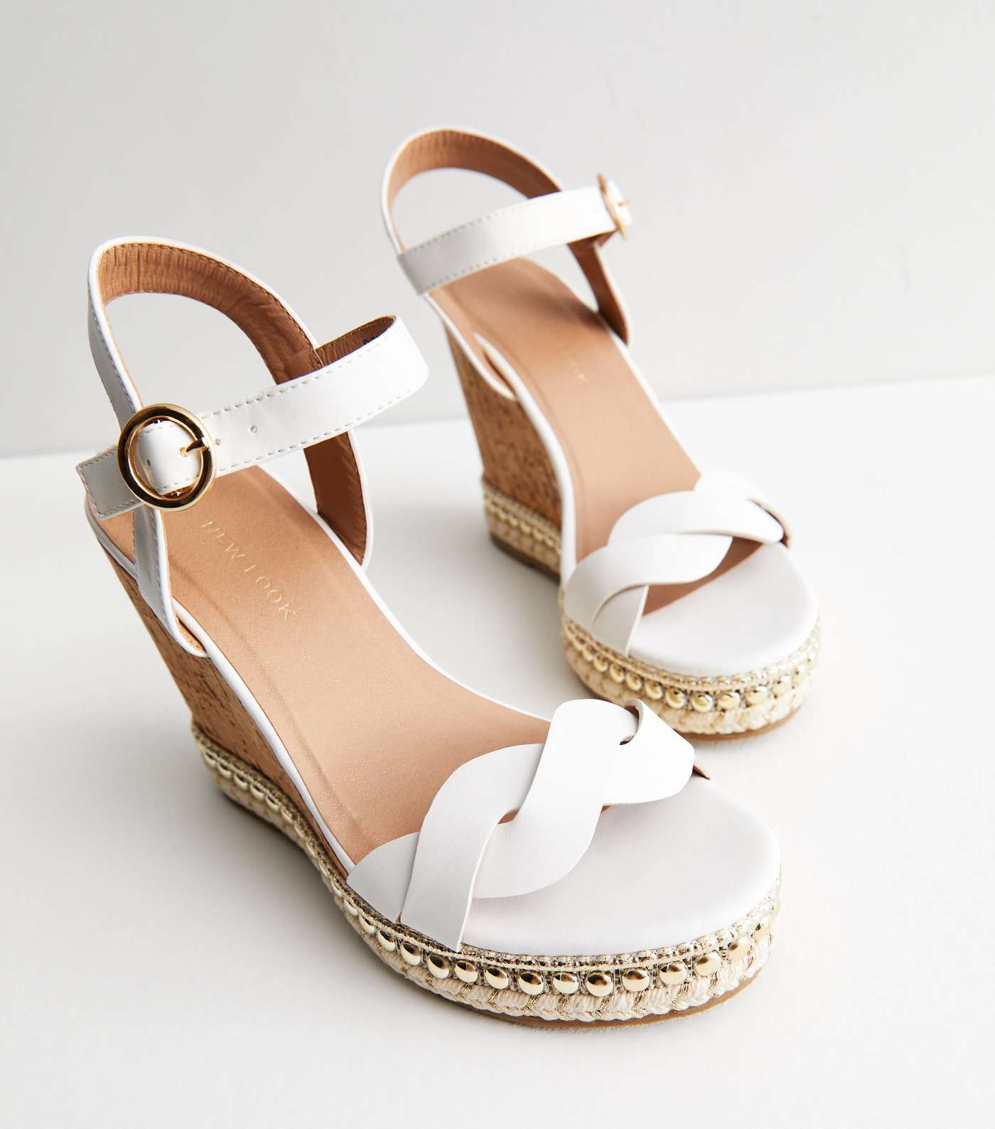 White Leather-Look Stud Espadrille Wedge Sandals Image 3