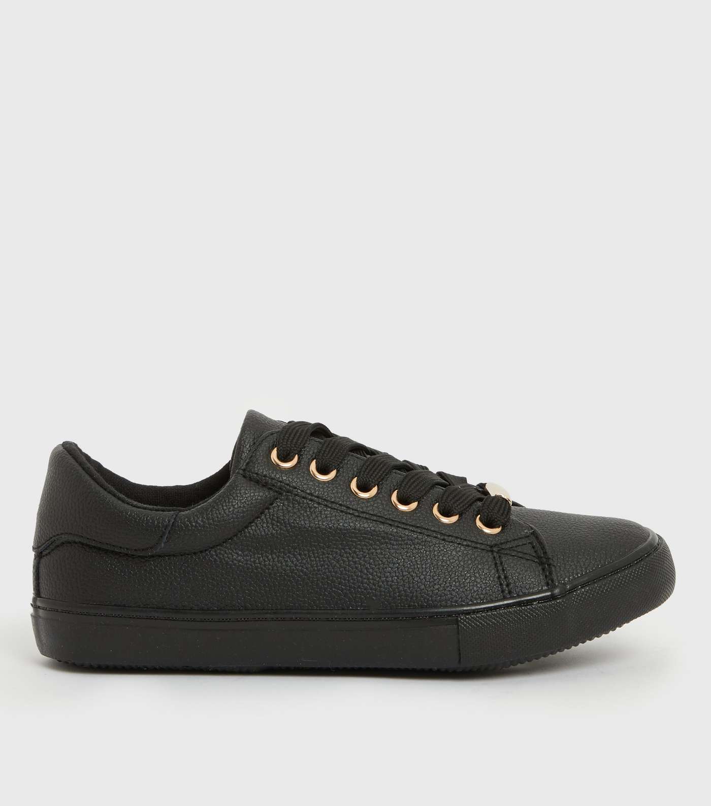 Wide Fit Black Leather-Look Metal Trim Lace Up Trainers Image 2