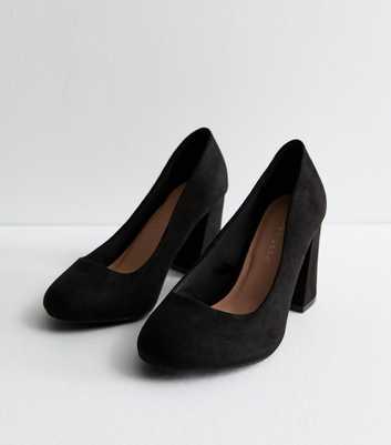 Extra Wide Fit Black Suedette Block Heel Court Shoes