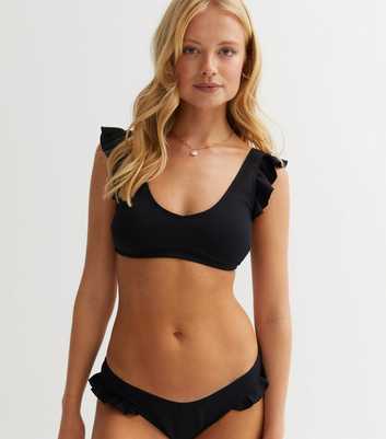 Black Textured Frill Strap Crop Bikini Top
