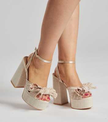 South Beach Cream Linen-Look Platform Block Heel Sandals