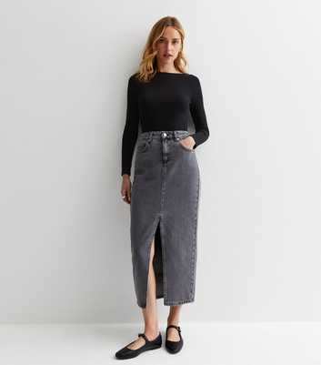 Pale Grey Denim Split Hem Maxi Skirt