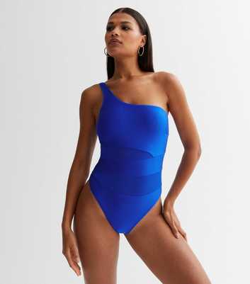 Bright Blue Mesh One Shoulder Swimsuit
