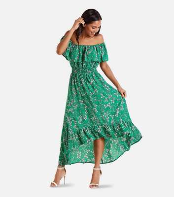 Mela Green Ditsy Floral Frill Dip Hem Maxi Dress