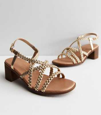 Wide Fit Gold Plaited Strappy Mid Block Heel Sandals