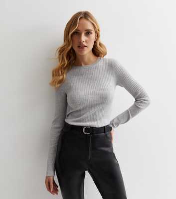 Pale Grey Ribbed Knit Long Sleeve Top