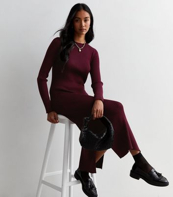 Burgundy Ribbed Knit Bodycon Midi Dress New Look