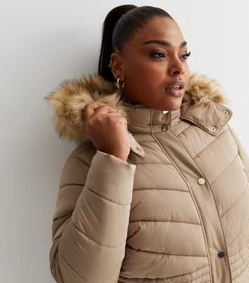 Curves Camel Faux Fur Hooded Puffer Jacket