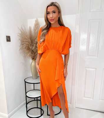 AX Paris Bright Orange Ruched Sleeve Midi Dress