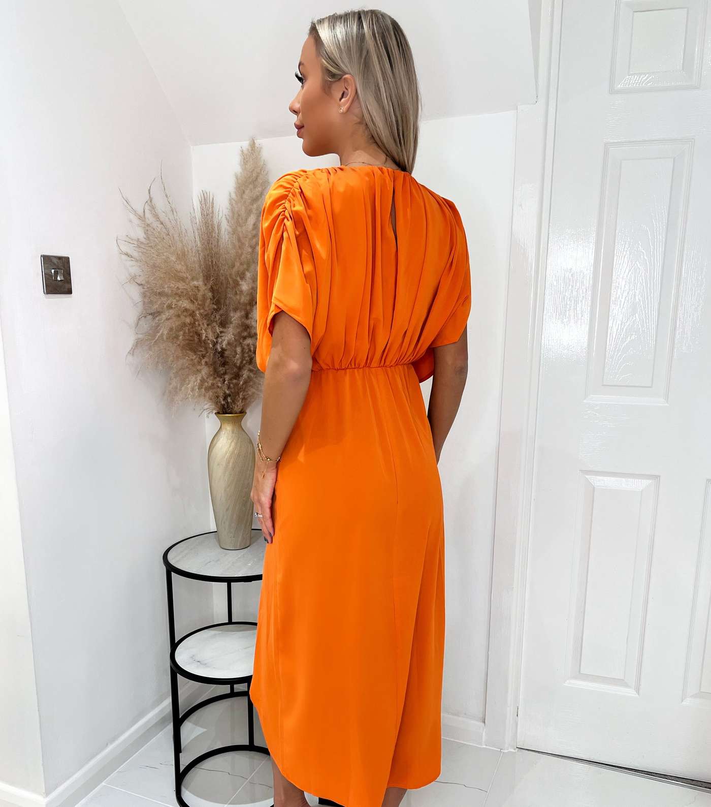 AX Paris Bright Orange Ruched Sleeve Midi Dress Image 3