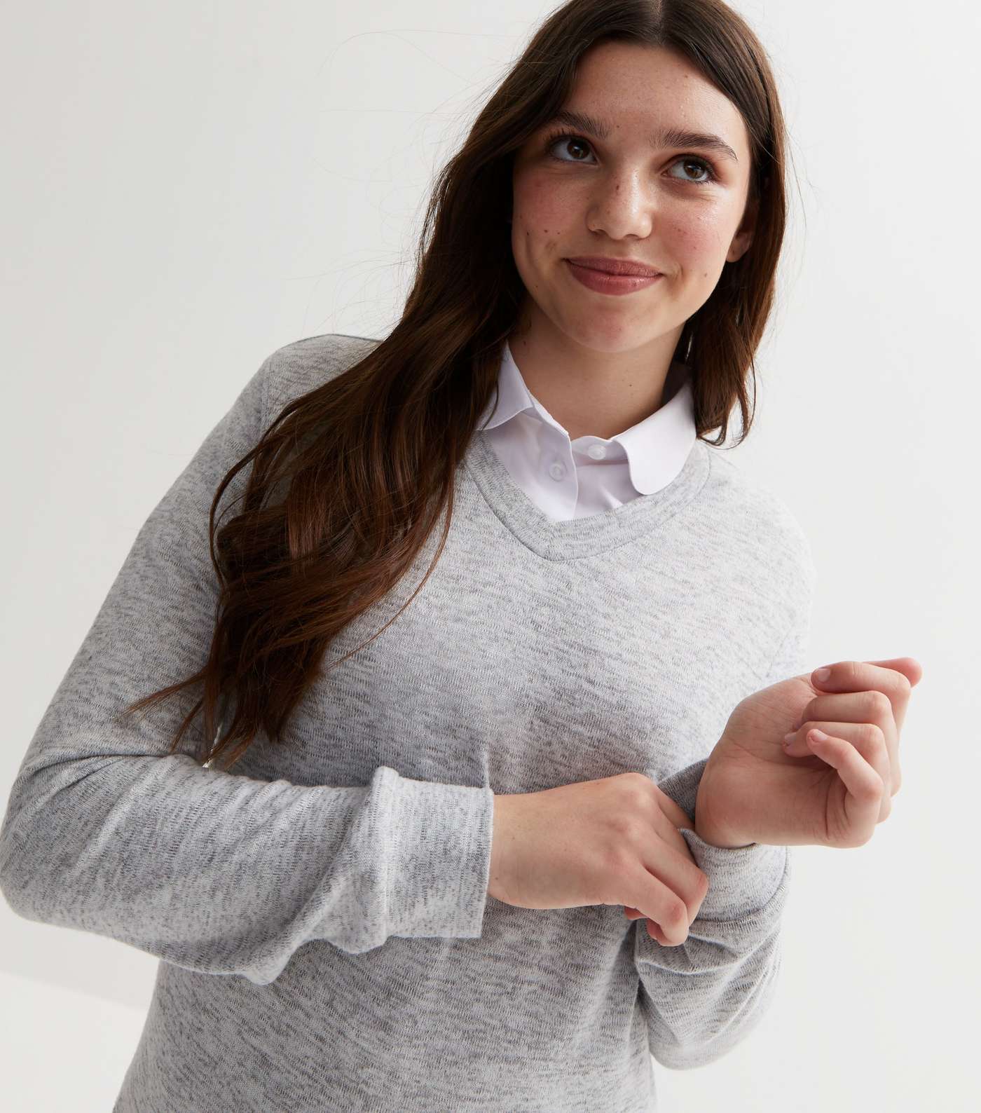 Girls Grey Fine Knit V Neck School Jumper Image 3