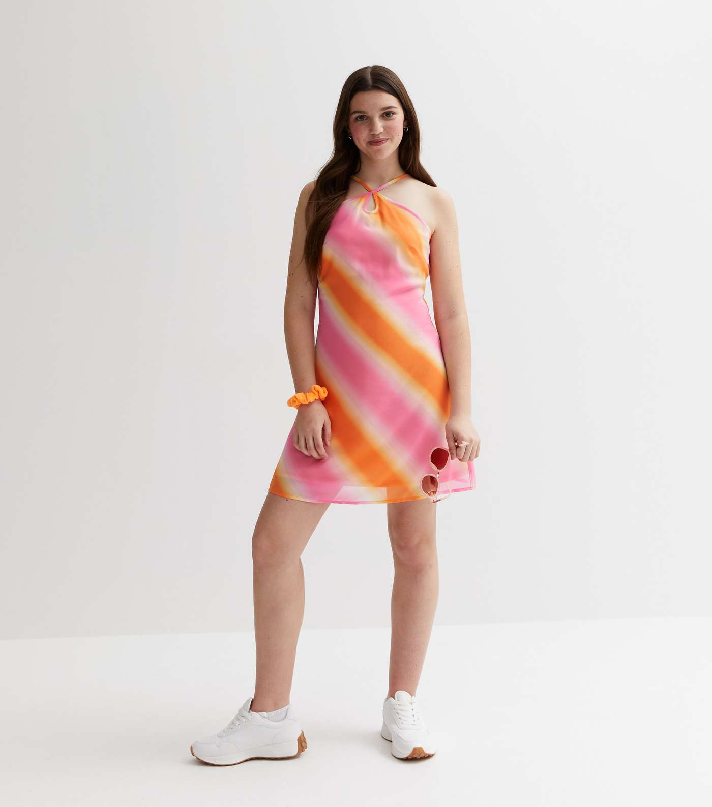 Girls Orange Stripe Halter Mini Dress Image 2