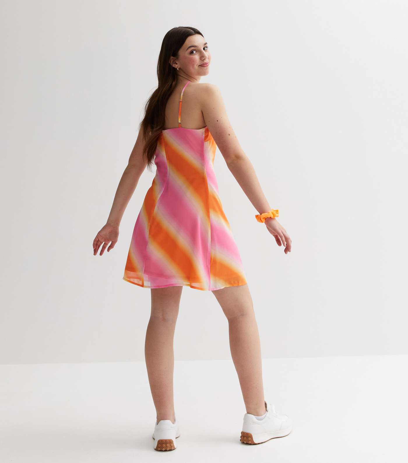 Girls Orange Stripe Halter Mini Dress Image 4