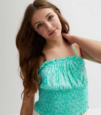 Girls Turquoise Ditsy Floral Shirred Cami