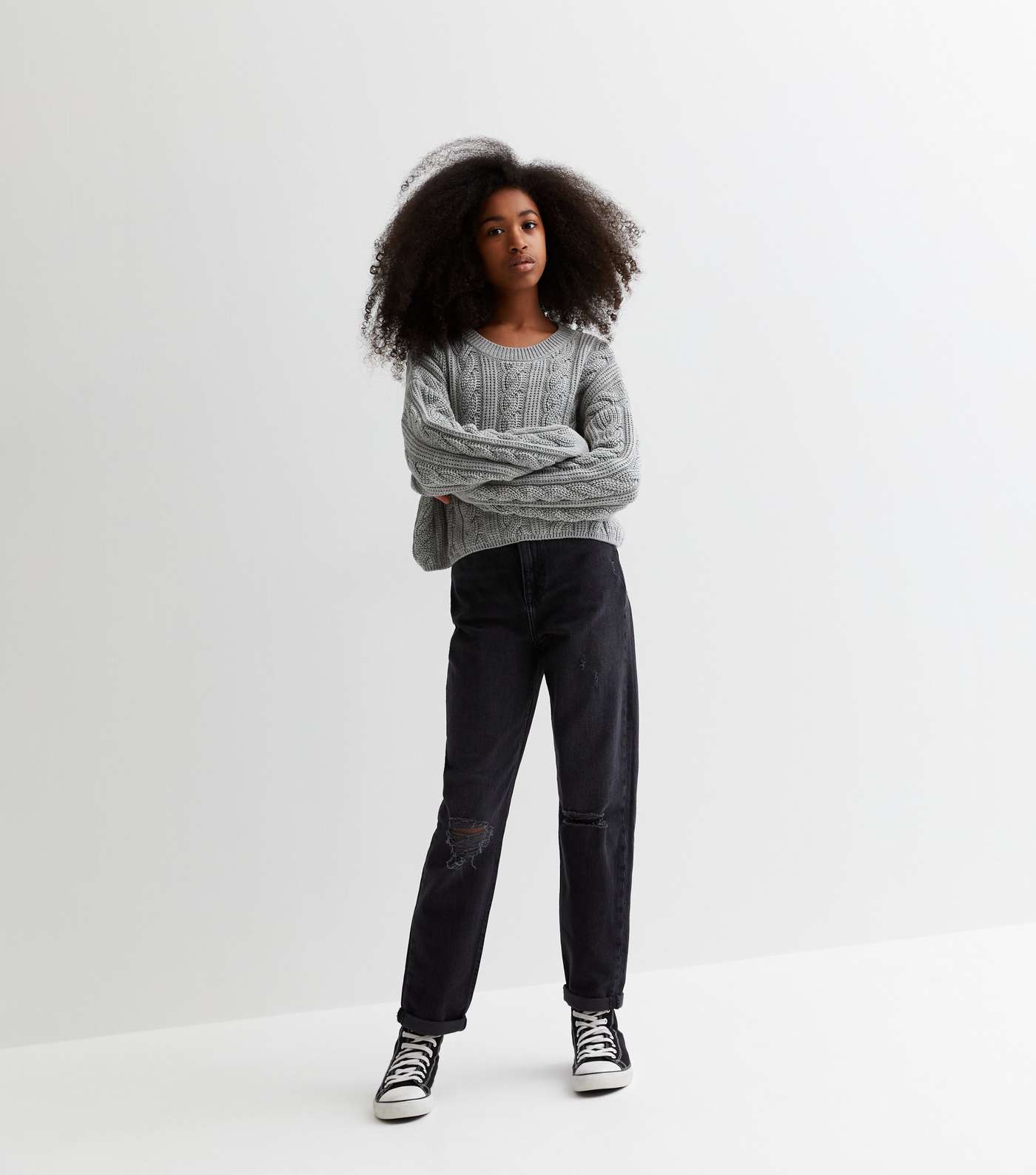 Girls Grey Cable Knit Crop Jumper Image 3