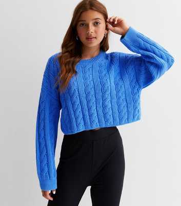 Girls Blue Cable Knit Crop Jumper