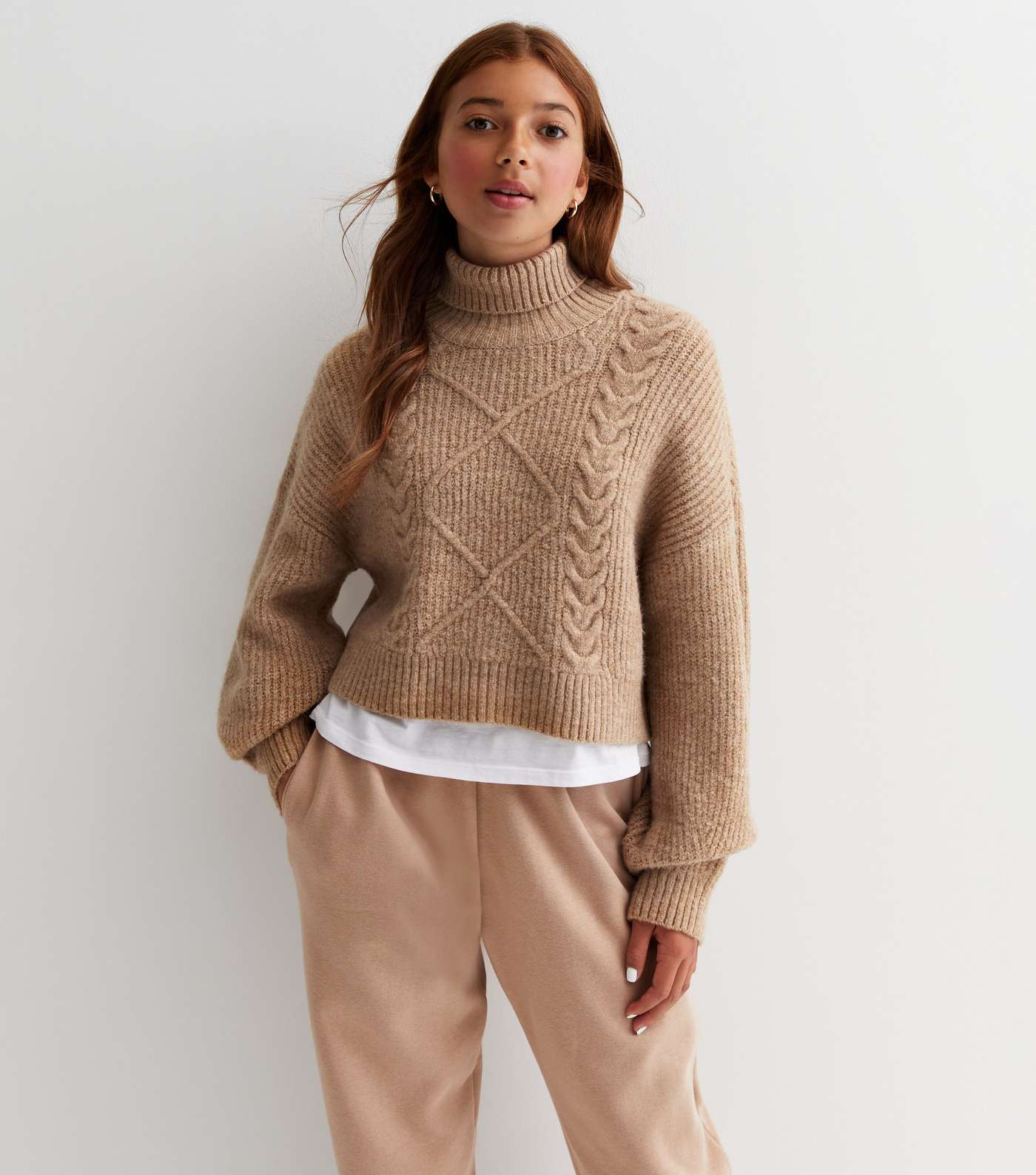 Girls Camel Cable Knit Roll Neck Jumper Image 2