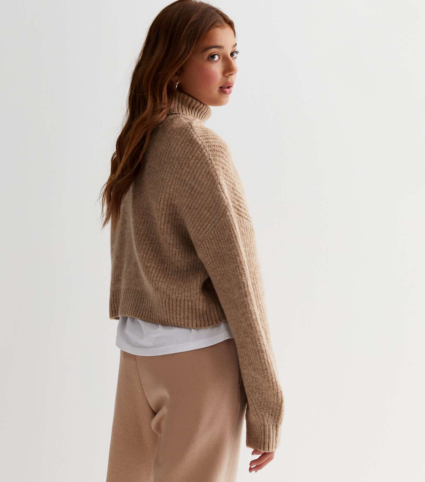 Girls Camel Cable Knit Roll Neck Jumper Image 4