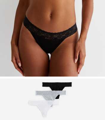 3 Pack Black Grey and White Lace Thongs