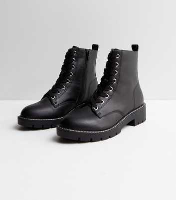Wide Fit Black Leather-Look Contrast Stitch Lace Up Biker Boots