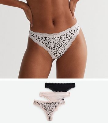 3 Pack Black Pink And Leopard Print Lace Trim Thongs New Look