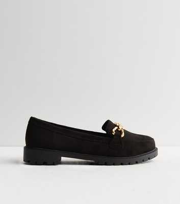 Wide Fit Black Suedette Gold Chain Chunky Loafers