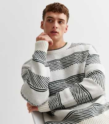 Off White Stripe Knit Crew Neck Relaxed Fit Jumper