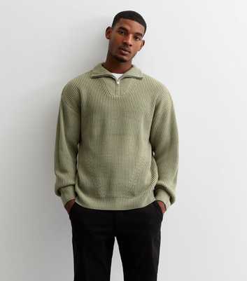 Olive Fisherman Knit Zip Neck Relaxed Fit Jumper