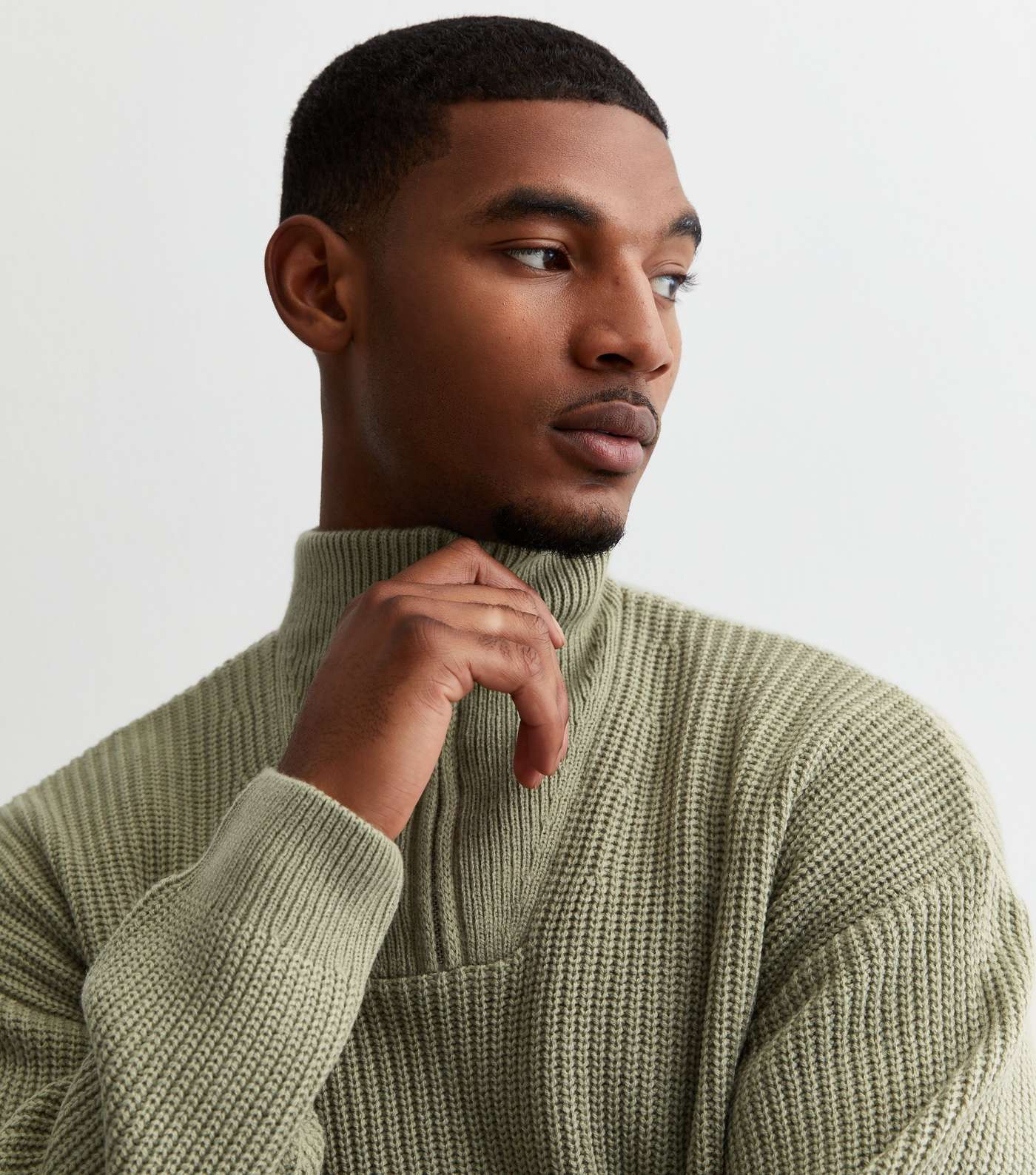 Olive Fisherman Knit Zip Neck Relaxed Fit Jumper Image 2