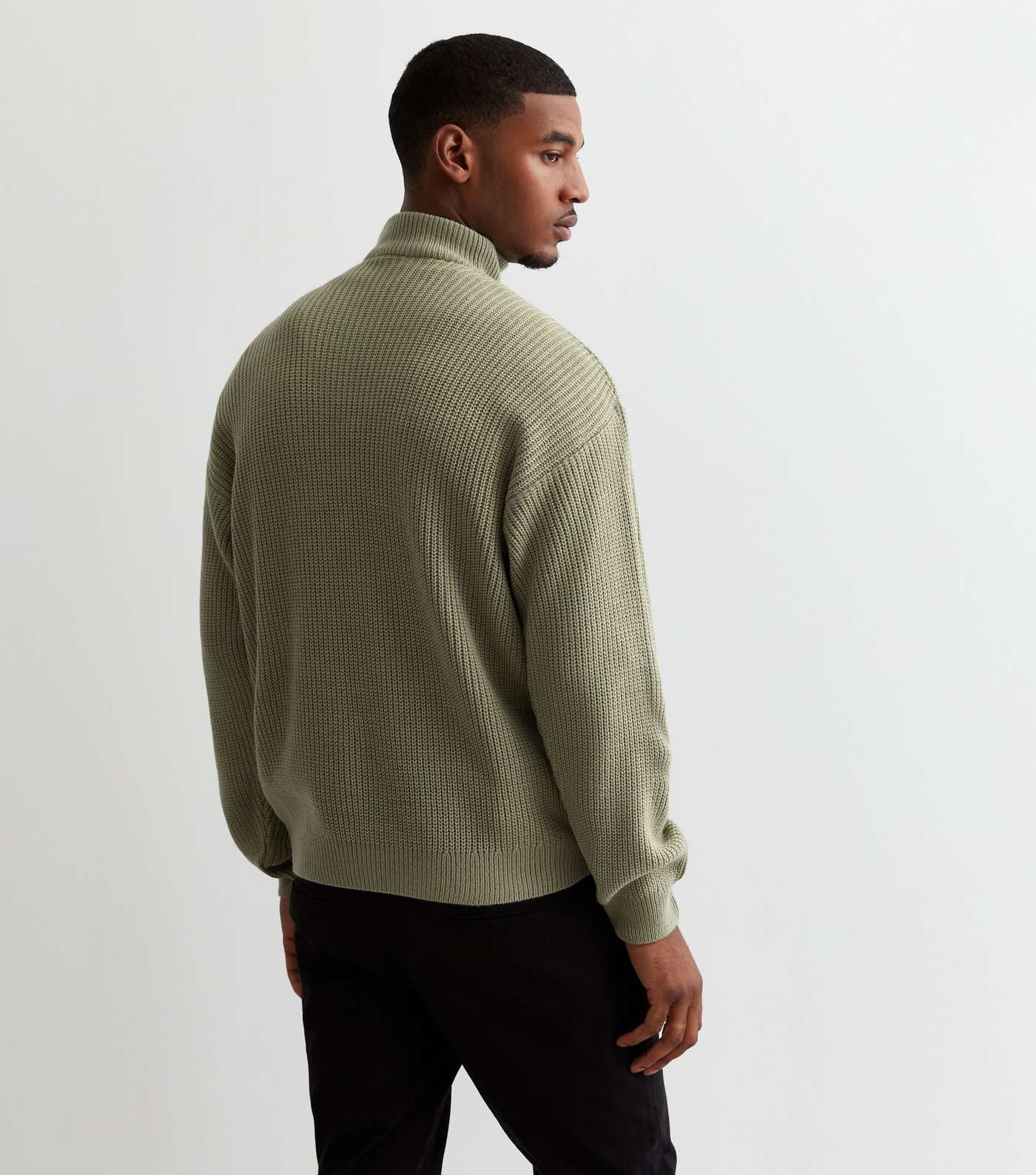 Olive Fisherman Knit Zip Neck Relaxed Fit Jumper Image 4