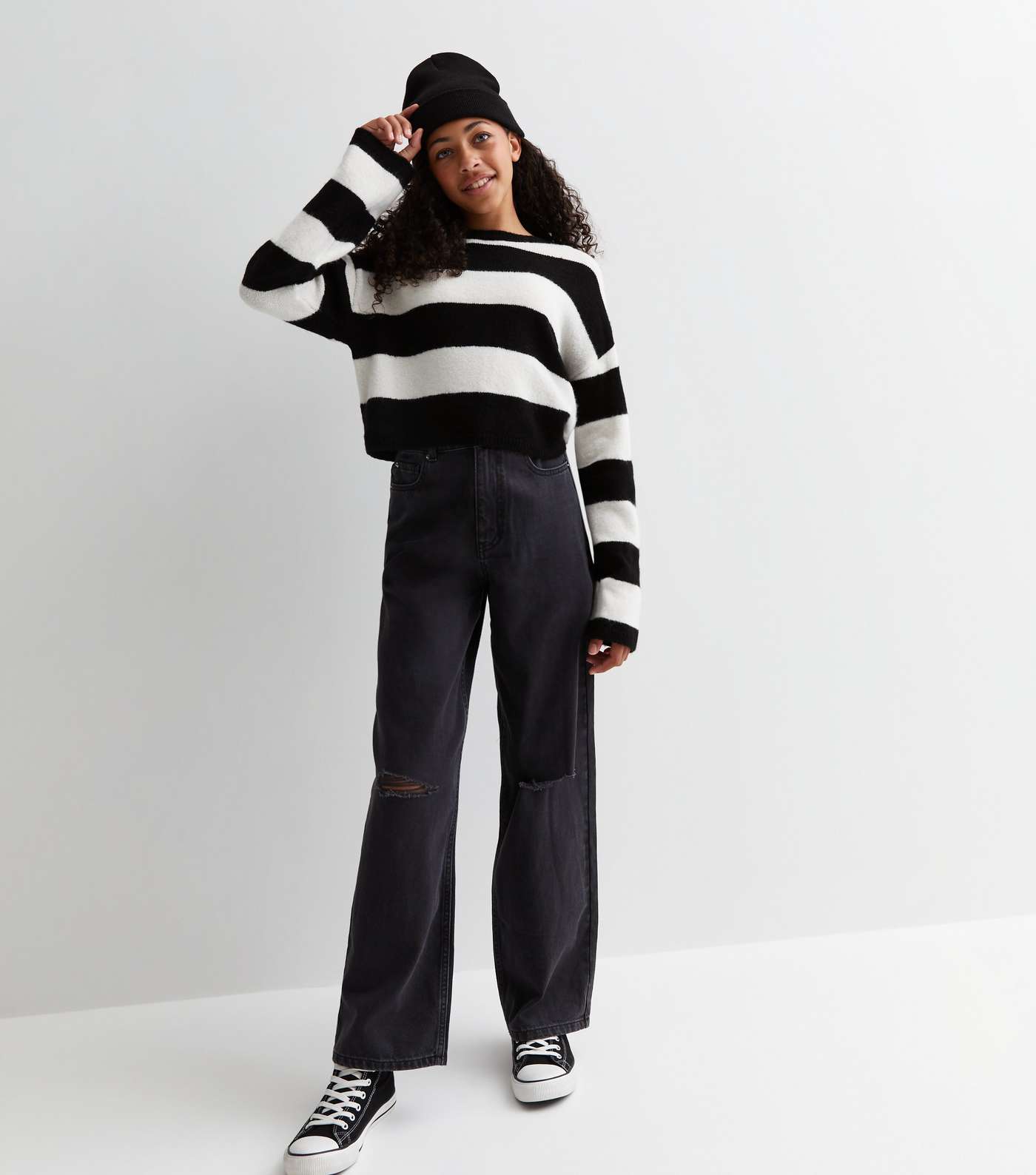 Girls Black Stripe Fluffy jumper Image 3